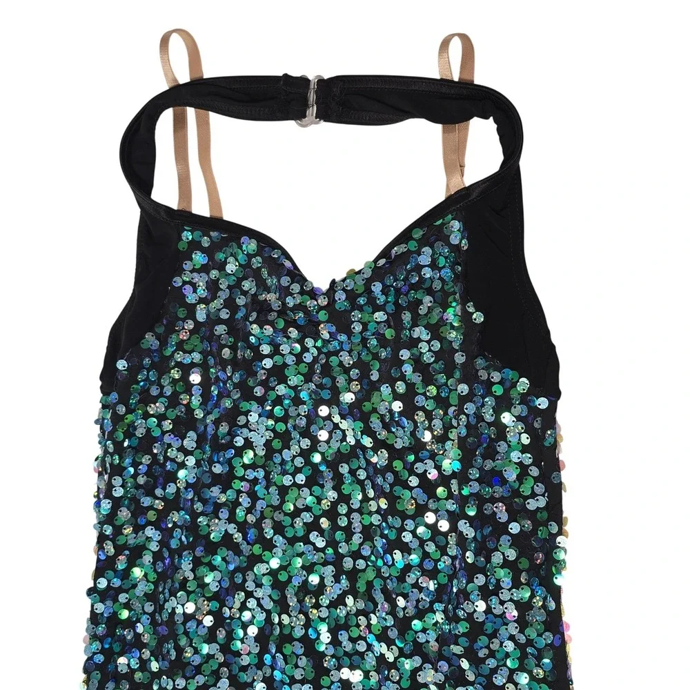 Weismann‎ Girls Sequin Fringe Dance Costume Leotard Teal Blue Black Jazz Small